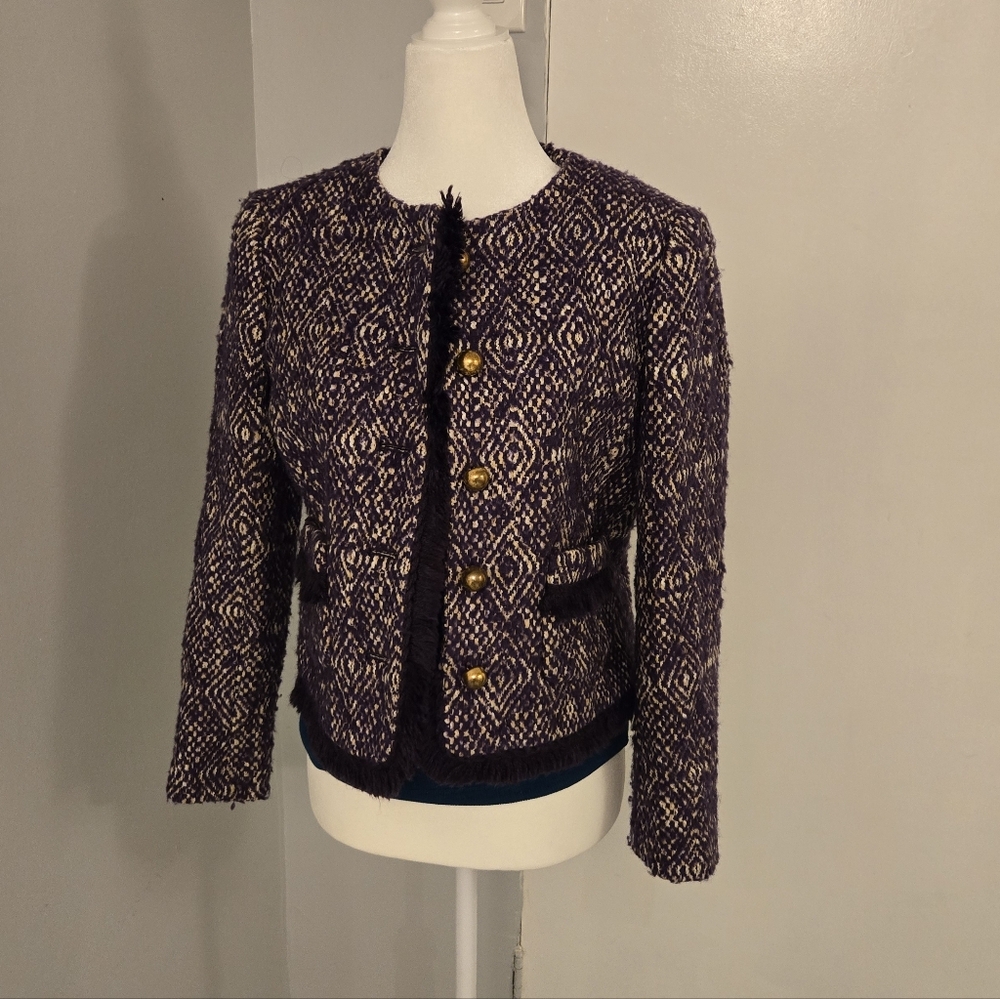 J Crew Tweed Cropped Fringe Blazer Jacket EUC Women's SZ 4 Purple